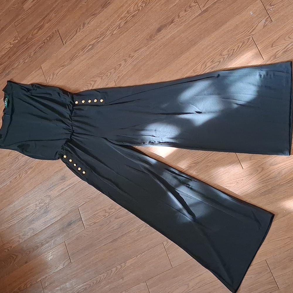 Black Sleeveless Jumpsuit with Gold Button Accents